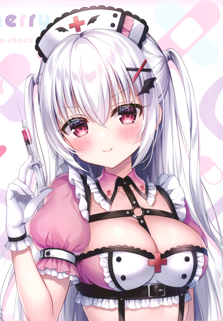 1girl absurdres breasts chest_harness cleavage closed_mouth crop_top detached_collar frilled_shirt frills gloves hair_ornament hairclip hand_up harness hat highres holding holding_syringe long_hair looking_at_viewer medium_breasts mitsuba_choco nurse_cap original pink_shirt red_eyes scan shirt short_sleeves smile solo syringe two_side_up upper_body v-shaped_eyebrows white_gloves white_hair