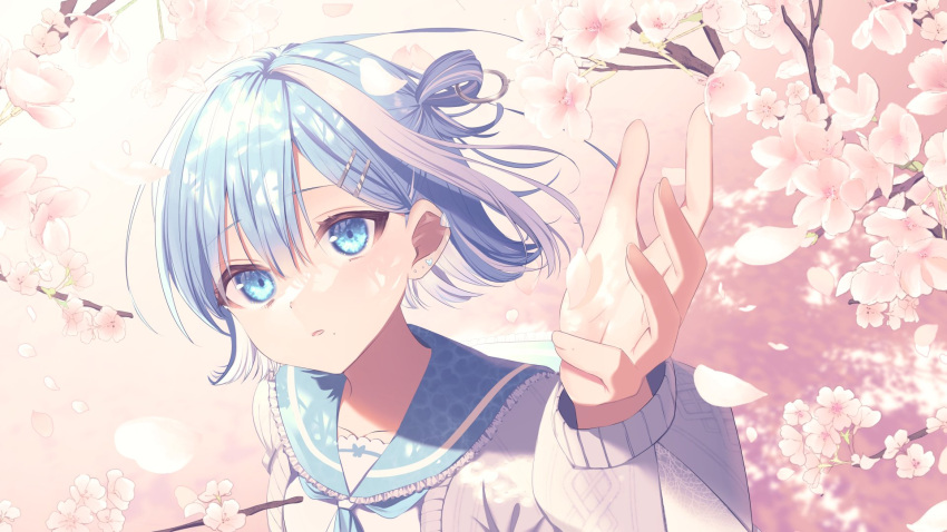 1girl arm_up asymmetrical_bangs blue_eyes blue_hair blue_sailor_collar butterfly_earrings cardigan cherry_blossoms day earrings grey_cardigan hair_ornament hairclip hairstyle_request hane_kxs highres indie_virtual_youtuber jewelry long_sleeves misora_sora_(vtuber) mole mole_under_mouth multicolored_hair outdoors outstretched_hand parted_lips petals portrait sailor_collar school_uniform serafuku short_hair solo spring_(season) stud_earrings two-tone_hair virtual_youtuber white_hair white_serafuku