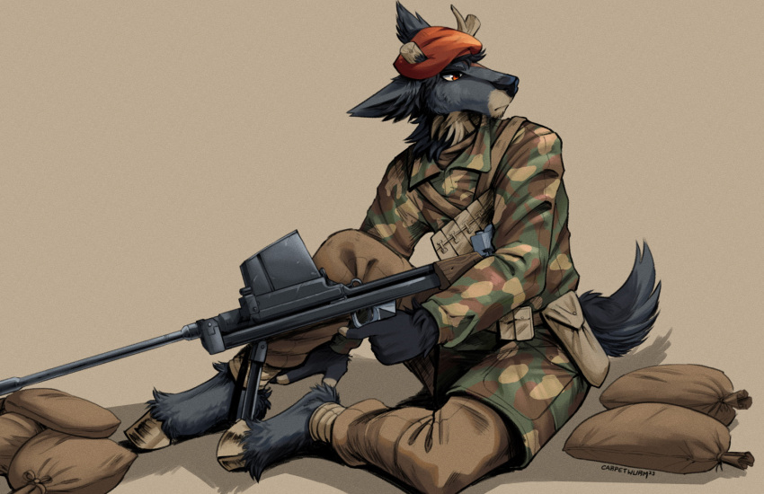 2023 anthro at_rifle biped black_body black_fur carpetwurm clothed clothing colored deer english_text frown fur gun hat headgear headwear hi_res holding_gun holding_object holding_weapon hooves male mammal military_uniform ranged_weapon red_eyes rifle signature sitting solo text uniform weapon