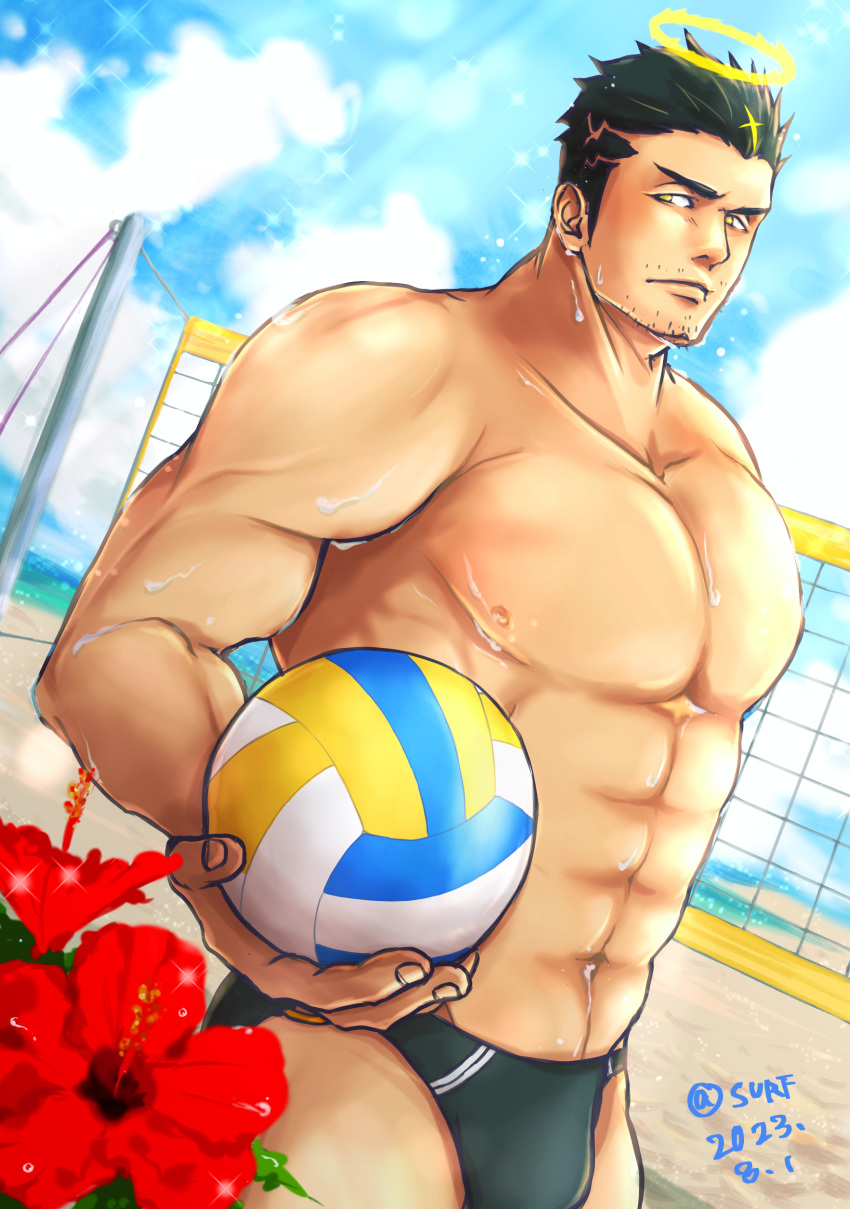 1boy abs absurdres bara beach_volleyball black_hair black_male_swimwear bulge facial_hair feet_out_of_frame flaming_halo flower from_below halo highres large_pectorals long_sideburns male_focus male_swimwear mature_male muscular muscular_male navel nipples pectorals red_flower safu_(maimai3737) short_hair sideburns sideways_glance solo stomach strongman_waist stubble swim_briefs thick_eyebrows tokyo_afterschool_summoners topless_male volleyball volleyball_net zabaniyya_(fashionista_swimsuit)_(housamo) zabaniyya_(housamo)