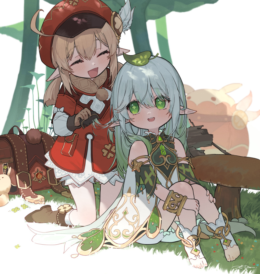 2girls ahoge backpack backpack_removed bag blonde_hair boots bracelet brown_footwear brown_gloves brushing_another's_hair brushing_hair child closed_eyes comb dress feathers feet genshin_impact gloves gradient_hair green_eyes green_hair hat hat_feather highres jewelry klee_(genshin_impact) kneeling knees_up leaf leaf_on_head long_hair low_twintails multicolored_hair multiple_girls mushroom nahida_(genshin_impact) open_mouth outdoors pointy_ears red_dress red_headwear short_dress short_shorts shorts shorts_under_dress sitting sleeveless sleeveless_dress smile socks toeless_footwear toes tsukino_(nakajimaseiki) twintails two-tone_hair white_dress white_hair white_shorts white_socks