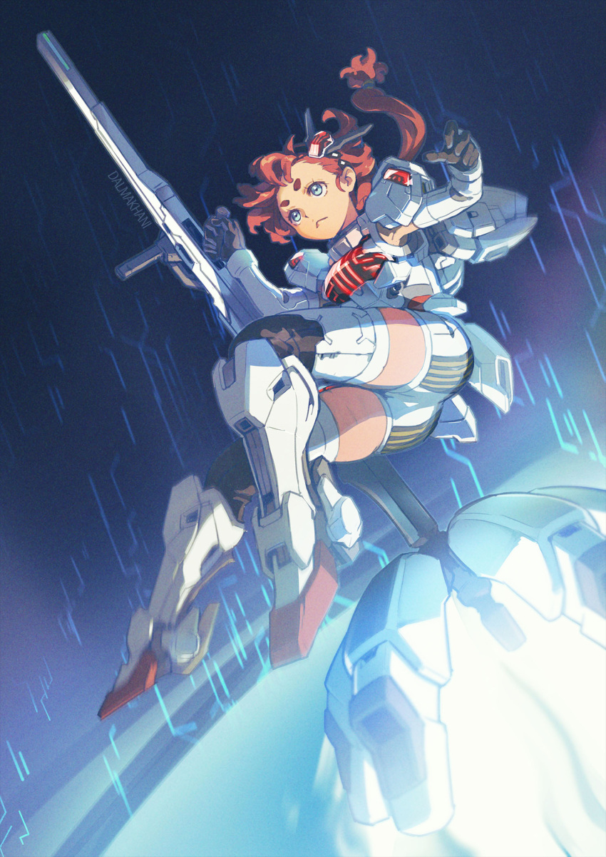1girl armor artist_name ass beam_cannon black_hairband blue_eyes commentary_request cosplay dalmakhani3 exhaust gundam gundam_calibarn gundam_calibarn_(cosplay) gundam_suisei_no_majo hairband highres holding holding_cannon holding_weapon long_hair low-tied_long_hair low_ponytail mecha_musume red_hair solo suletta_mercury thick_eyebrows thrusters v-fin weapon