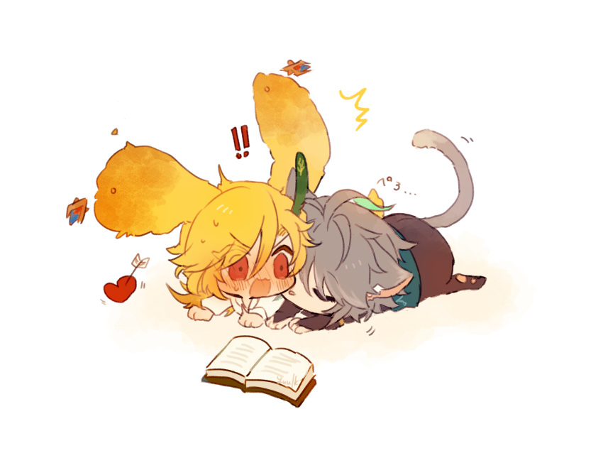 ! !! 2boys ahoge alhaitham_(genshin_impact) animal_ear_fluff animal_ears animalization aqua_hair arm_support artist_name blonde_hair blush book cat_ears cat_tail chibi closed_eyes colored_inner_hair couple earrings feather_hair_ornament feathers genshin_impact grey_hair hair_between_eyes hair_ornament heart highres jewelry kaveh_(genshin_impact) licking long_bangs long_hair long_sleeves lying medium_bangs multicolored_hair multiple_boys nose_blush on_stomach open_book open_mouth parted_bangs rabbit_ears reading red_eyes shirt short_hair side-by-side sidelocks simple_background streaked_hair tail two-tone_hair white_background white_shirt yaoi yuuzatta