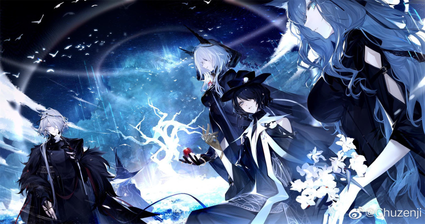 1boy 4girls amaia_(arknights) animal_ear_fluff animal_ears arknights bare_tree bird black_coat black_dress black_gloves black_hair black_headwear blue_eyes blue_hair blue_theme bouquet breasts cat_ears chuzenji cigarette closed_eyes cloud coat commentary dress ermengarda_(arknights) eyelashes fingernails flower food fruit fur-trimmed_coat fur_trim gloves golding_(arknights) grey_hair hair_over_one_eye hat head_wings highres holding holding_bouquet holding_cigarette holding_flower holding_food holding_fruit hood hood_up hooded_coat jewelry koshelna_(arknights) large_breasts long_hair long_sleeves looking_at_viewer mole mole_under_mouth multicolored_hair multiple_girls one_eye_covered parted_lips pointy_ears ring sanguinarch_(arknights) short_hair sideways_glance smelling_flower streaked_hair tree weibo_logo weibo_username white_flower wings witch_hat yellow_gloves