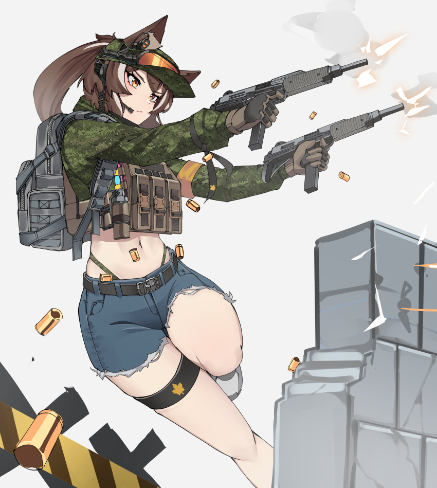 1girl absurdres animal_ears backpack bag blue_shorts brown_eyes brown_hair camouflage commission denim denim_shorts digital_camouflage dual_wielding firing fox_ears fox_girl gar32 green_headwear green_shirt grey_bag gun highres holding imi_uzi midriff original serious shell_casing shirt shorts solo stomach submachine_gun weapon white_background woodland_camouflage