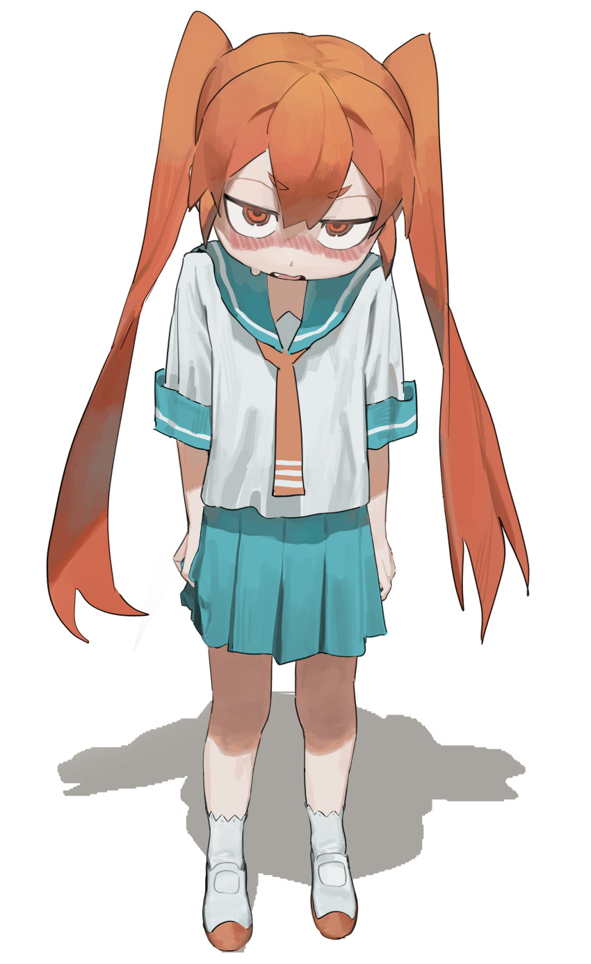1girl absurdres arms_at_sides blue_sailor_collar blue_skirt blush chinese_commentary clothes_grab commentary_request embarrassed fang highres jianpan_xiafang_de_da_kongge jitome long_hair looking_at_viewer necktie nose_blush open_mouth orange_eyes orange_hair orange_necktie pleated_skirt sailor_collar sanpaku school_uniform serafuku shadow shirt shoes short_eyebrows short_sleeves simple_background skirt skirt_grab socks solo standing sweat twintails ueno-san_wa_bukiyou ueno_(ueno-san_wa_bukiyou) uwabaki v-shaped_eyebrows very_long_hair white_background white_shirt white_socks