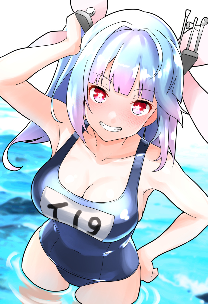 1girl blue_hair blush breasts flower-shaped_pupils furaggu_(frag_0416) hair_ornament hair_ribbon highres i-19_(kancolle) kantai_collection large_breasts looking_at_viewer name_tag one-piece_swimsuit open_mouth red_eyes ribbon school_swimsuit smile solo swimsuit symbol-shaped_pupils tri_tails twintails water