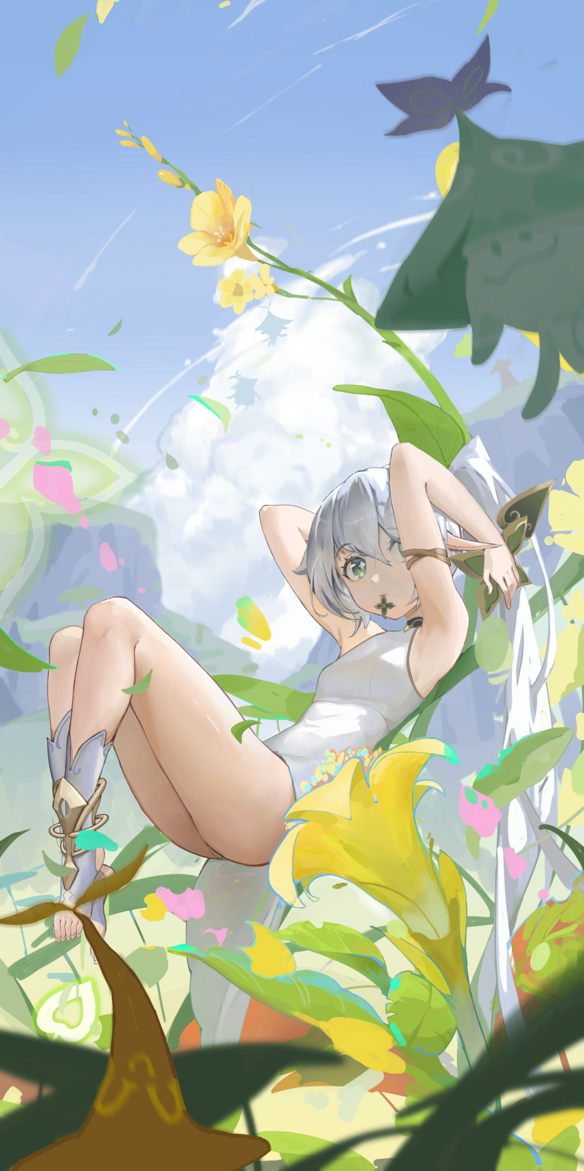 1girl absurdres arms_up breasts chinese_commentary cloud commentary_request day flower full_body genshin_impact green_eyes grey_hair hair_ornament highres knees_up leaf_hair_ornament leotard long_hair looking_at_viewer mouth_hold nahida_(genshin_impact) no_shoes outdoors plant pointy_ears ponytail sky sleeveless_turtleneck_leotard small_breasts solo splitting0 symbol-shaped_pupils very_long_hair white_leotard yellow_flower