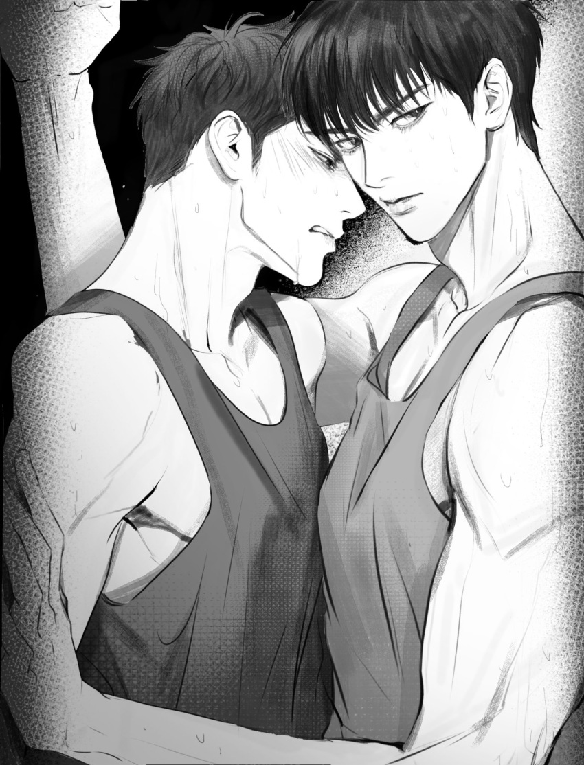 2boys black_eyes black_tank_top character_request closed_mouth dong2342 fangs grey_tank_top greyscale highres hug male_focus monochrome multiple_boys parted_lips short_hair slam_dunk_(series) sweatdrop tank_top upper_body vignetting yaoi