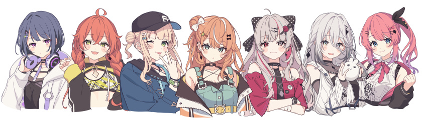 6+girls :d ;p absurdres bare_shoulders black_hair blonde_hair blue_eyes blush blush_stickers braid breasts character_request choker cleavage crossed_arms fangs green_eyes grey_hair hair_bun hair_ornament hairclip hat headphones headphones_around_neck heterochromia highres koshimizu_toru long_hair looking_at_viewer lq_saku multiple_girls nijisanji one_eye_closed pink_hair purple_eyes short_hair side_ponytail simple_background single_hair_bun sleeves_past_wrists smile tongue tongue_out twintails virtual_youtuber watch white_background wristwatch