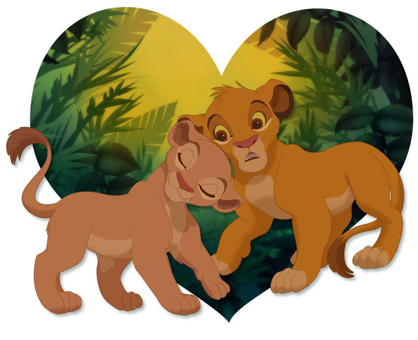 &lt;3 black_kitty disney duo eyes_closed fangs female feral head_to_head hi_res leaf looking_at_another male nala_(the_lion_king) raised_tail simba_(the_lion_king) smile tail teeth the_lion_king tongue