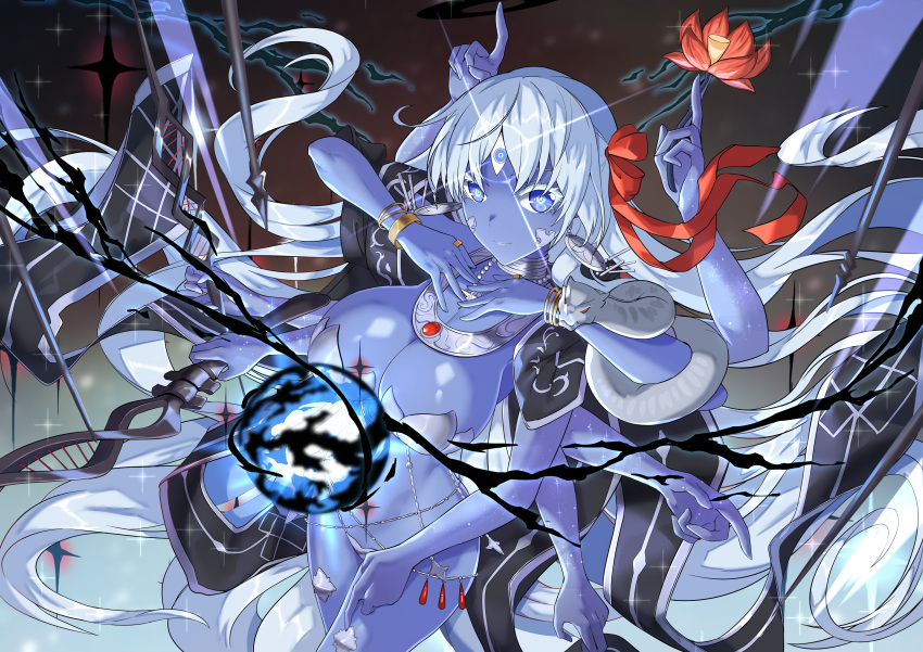 1girl absurdres armor bare_shoulders belly_chain bikini_armor blue_eyes blue_hair blue_skin bracelet breasts cleavage collarbone colored_skin earrings extra_arms fate/grand_order fate_(series) flower hair_ribbon highres index_finger_raised jewelry kali_(fate) large_breasts light_blue_hair long_hair looking_at_viewer neck_ring necklace polearm revealing_clothes ribbon sash snake solo third_eye thumb_ring torahime_(roland00) very_long_hair weapon