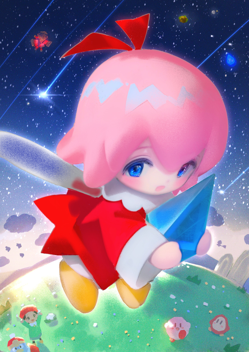 2girls 3boys absurdres adeleine arms_up beret blue_eyes commentary_request crystal_shard fairy fairy_wings hat highres holding king_dedede kirby kirby_(series) kirby_64 multiple_boys multiple_girls partial_commentary pink_hair ribbon_(kirby) shooting_star sky star_(sky) starry_sky toiku waddle_dee wings