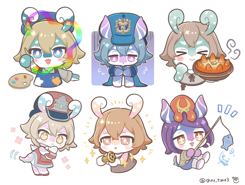 &gt;_&lt; +_+ 6+girls :&lt; :d :o animal_ears animal_on_head apron arm_up artist_name ball_octopus_(genshin_impact) bandaged_leg bandages beret blue_apron blue_eyes blue_headwear blue_jacket blush blush_stickers bright_pupils brown_hair brown_ribbon brown_shirt closed_eyes closed_mouth commentary_request cooking_pot crossed_bangs elphane_(genshin_impact) emphasis_lines fish fishing fishing_rod flower_(symbol) food genshin_impact grey_hair guu_tara3 hair_between_eyes hands_up hat highres holding holding_fishing_rod holding_paintbrush hugging_own_legs iara_(genshin_impact) jacket knees_up light_brown_hair long_sleeves looking_at_viewer looking_back mamere_(genshin_impact) melusine_(genshin_impact) menthe_(genshin_impact) multiple_girls neck_ribbon octopus on_head open_mouth paint_on_clothes paint_splatter paintbrush palette_(object) parted_bangs peaked_cap pink_eyes purple_eyes purple_hair red_headwear red_jacket ribbon screw shirt short_hair simple_background sitting sleeve_cuffs smile sparkle steam swept_bangs tail twitter_username verenata_(genshin_impact) water white_background white_pupils xana_(genshin_impact) yellow_eyes