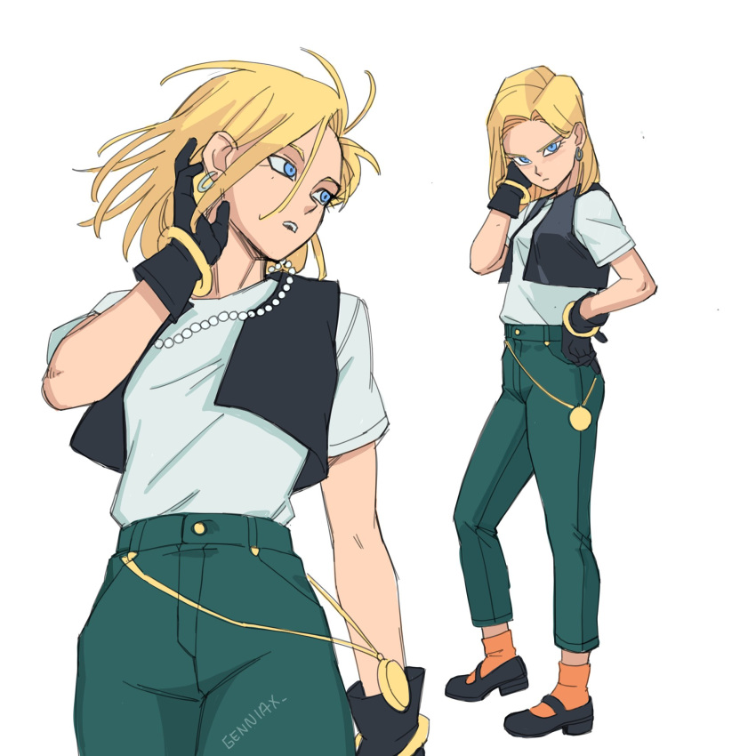 1girl android_18 black_footwear blonde_hair blue_eyes blue_pants bracelet dragon_ball dragon_ball_z earrings highres jenxd_d jewelry looking_afar looking_at_viewer necklace orange_socks pants shirt short_hair socks white_shirt