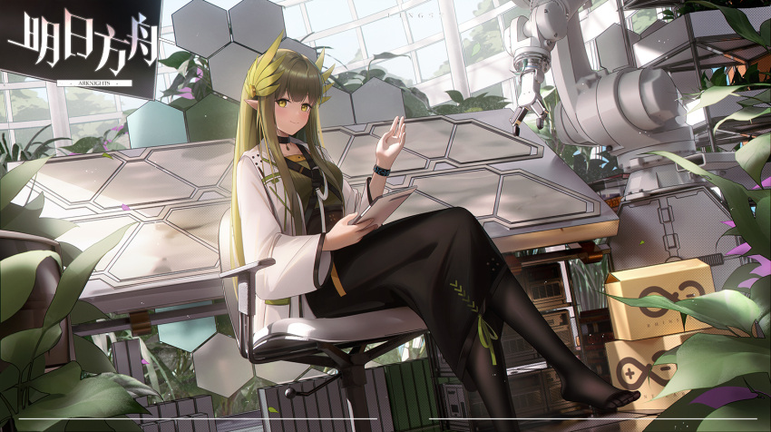 1girl arknights black_choker black_pantyhose black_skirt blunt_bangs blush box bracelet breasts brown_shirt cardboard_box chair choker closed_mouth copyright_name crossed_legs green_hair greenhouse hair_ornament hand_up highres indoors infection_monitor_(arknights) jewelry lab_coat ling_dianxia long_hair long_skirt long_sleeves looking_at_viewer machinery medium_breasts muelsyse_(arknights) no_shoes office_chair open_clothes pantyhose plant pointy_ears potted_plant shelf shirt sitting skirt smile solo swivel_chair table very_long_hair yellow_eyes
