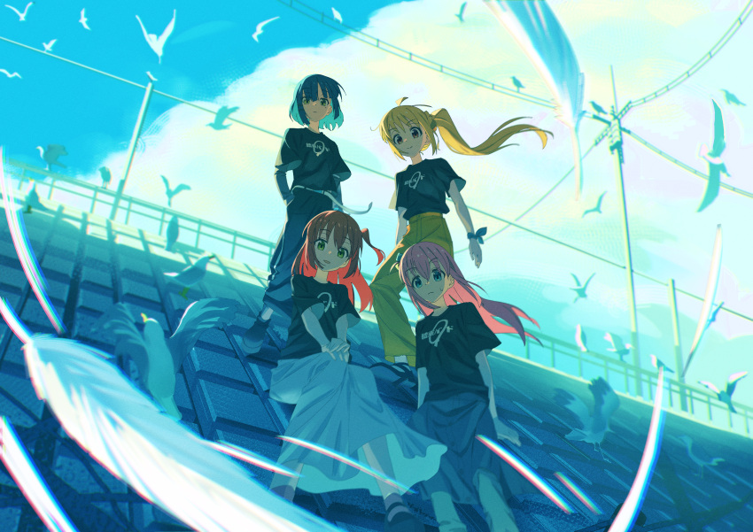 4girls absurdres ahoge aqua_theme belt bird black_shirt blonde_hair blue_hair blue_theme bocchi_the_rock! clothes_writing commentary day english_commentary expressionless feet_out_of_frame floating_hair from_below full_body gotou_hitori hair_between_eyes hand_in_pocket hands_on_own_knee highres ijichi_nijika jdge kessoku_band_logo kessoku_band_t-shirt kita_ikuyo long_hair long_skirt looking_at_viewer mole mole_under_eye multiple_girls one_side_up outdoors pants pink_hair power_lines red_hair shirt short_hair short_sleeves side_ponytail skirt smile standing white_skirt wide_shot wind yamada_ryou yellow_pants