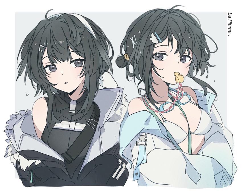 1girl arknights bare_shoulders bikini black_eyes black_hair black_jacket black_shirt blowing_whistle border breasts character_name cropped_torso goggles goggles_around_neck hair_ornament hairclip jacket la_pluma_(arknights) la_pluma_(summer_flowers)_(arknights) looking_at_viewer medium_breasts multicolored_hair multiple_views off_shoulder official_alternate_costume open_clothes open_jacket outside_border parted_lips seri_(vyrlw) shirt sidelocks simple_background single_off_shoulder sleeveless sleeveless_shirt streaked_hair swimsuit upper_body whistle white_bikini white_border white_hair white_jacket