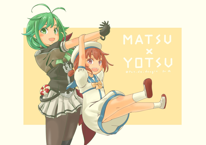 2girls absurdres anchor anchor_ornament antenna_hair black_gloves black_pantyhose blue_sailor_collar bow brown_eyes brown_hair dress gloves green_eyes green_hair grey_sailor_collar grey_skirt hair_over_shoulder hat highres kaiboukan_no._4_(kancolle) kantai_collection lifebuoy long_hair low_twintails matsu_(kancolle) multiple_girls pantyhose pleated_skirt pot-de sailor_collar sailor_dress sailor_hat sailor_shirt school_uniform serafuku shirt shoes skirt socks swinging twintails uwabaki white_dress white_headwear white_socks yellow_bow zipper_pull_tab