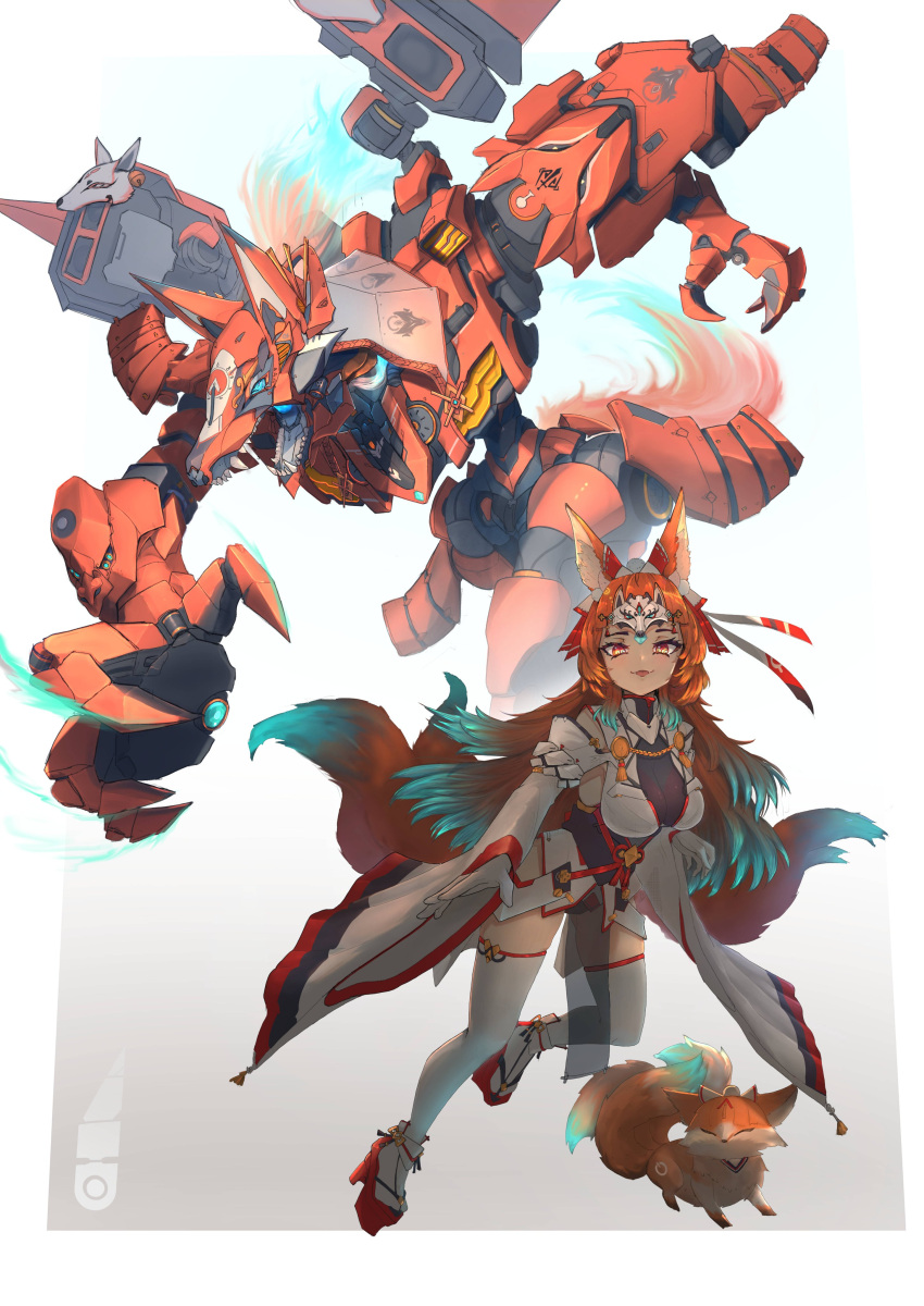 1girl =_= absurdres animal_ears blue_eyes blue_hair breasts colored_tips commission dress english_commentary fangs fox fox_ears fox_mask fox_tail gloves high_heels highres looking_at_viewer mask mecha medium_breasts multicolored_hair multiple_tails open_hand open_hands open_mouth orange_eyes orange_hair original red_footwear robot science_fiction sharp_teeth shoulder_cannon skin_fangs smile syaha tail teeth thighhighs white_dress white_gloves white_thighhighs