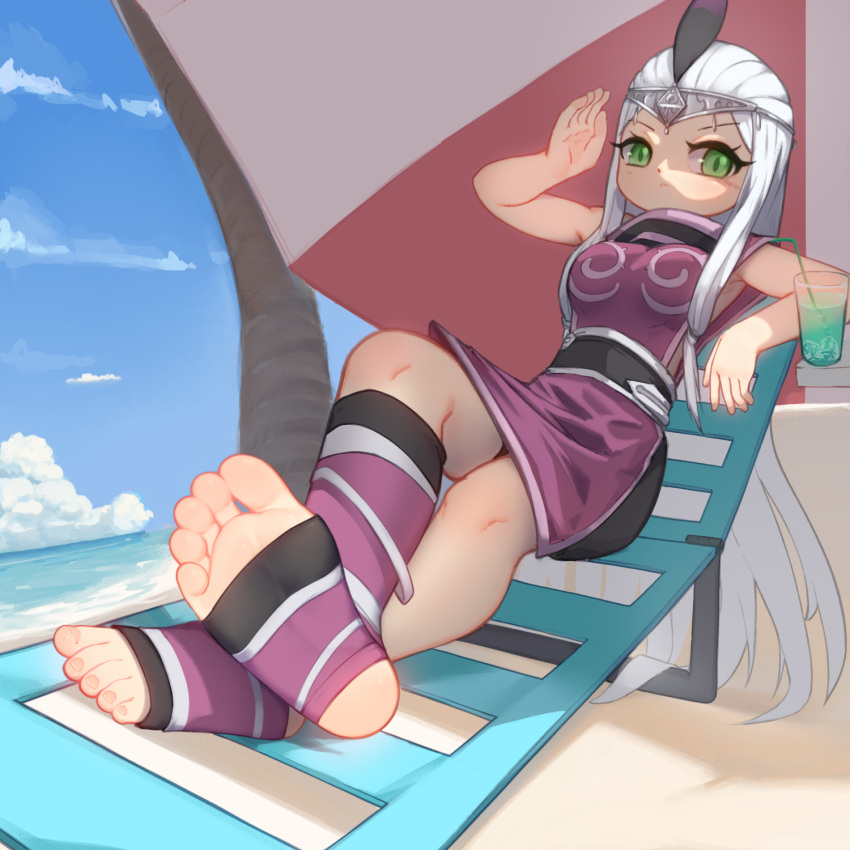 1girl battle_through_the_heavens beach beach_chair breasts doupo_cangqiong feet foot_focus glass green_eyes highres liang_xiaobao long_hair ocean sky sleeveless soles solo stirrup_footwear toeless_legwear toes white_hair xiao_yi_xian_(doupo_cangqiong)