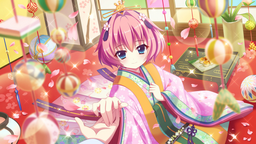 2girls ball blue_eyes closed_mouth dango dot_nose dutch_angle film_grain floral_print folding_fan food from_above game_cg hair_ornament hand_fan hand_on_own_chest hiiragi_kae hinamatsuri holding_hands honjou_kasumi indoors izumi_tsubasu japanese_clothes kimono looking_at_viewer mitarashi_dango multiple_girls non-web_source official_art on_floor pink_hair pink_kimono plant potted_plant print_kimono re:stage! short_hair shouji sliding_doors smile solo_focus sparkle wagashi