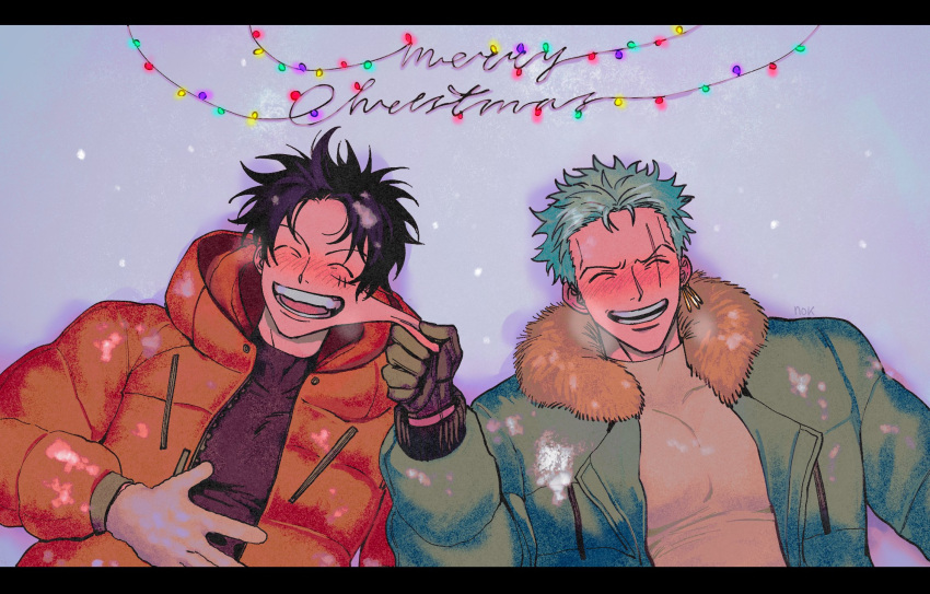 2boys :d black_eyes black_gloves black_hair black_shirt blush breath cheek_pinching cheek_pull closed_eyes coat cold couple earrings english_text face_stretching gloves green_coat green_hair hand_on_own_stomach happy highres jewelry laughing lying male_focus merry_christmas mittens monkey_d._luffy multiple_boys nok_(nok_1) on_back on_ground one_piece open_clothes open_coat open_mouth orange_coat outdoors parka pectorals pinching roronoa_zoro scar scar_across_eye scar_on_cheek scar_on_chest scar_on_face shirt short_hair sideburns single_earring smile snow snowing stretching stretching_cheeks tight_clothes tight_shirt toned toned_male turtleneck upper_body white_gloves white_shirt winter winter_clothes winter_coat yaoi