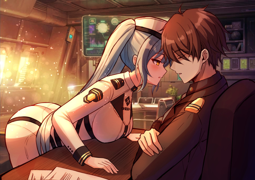 1boy 1girl absurdres ass blue_hair blush breasts brown_hair commander_(nikke) crossed_arms goddess_of_victory:_nikke hat hetero highres jimpu6 leaning_forward long_hair parted_lips plant potted_plant privaty_(nikke) sleeping twintails yellow_eyes