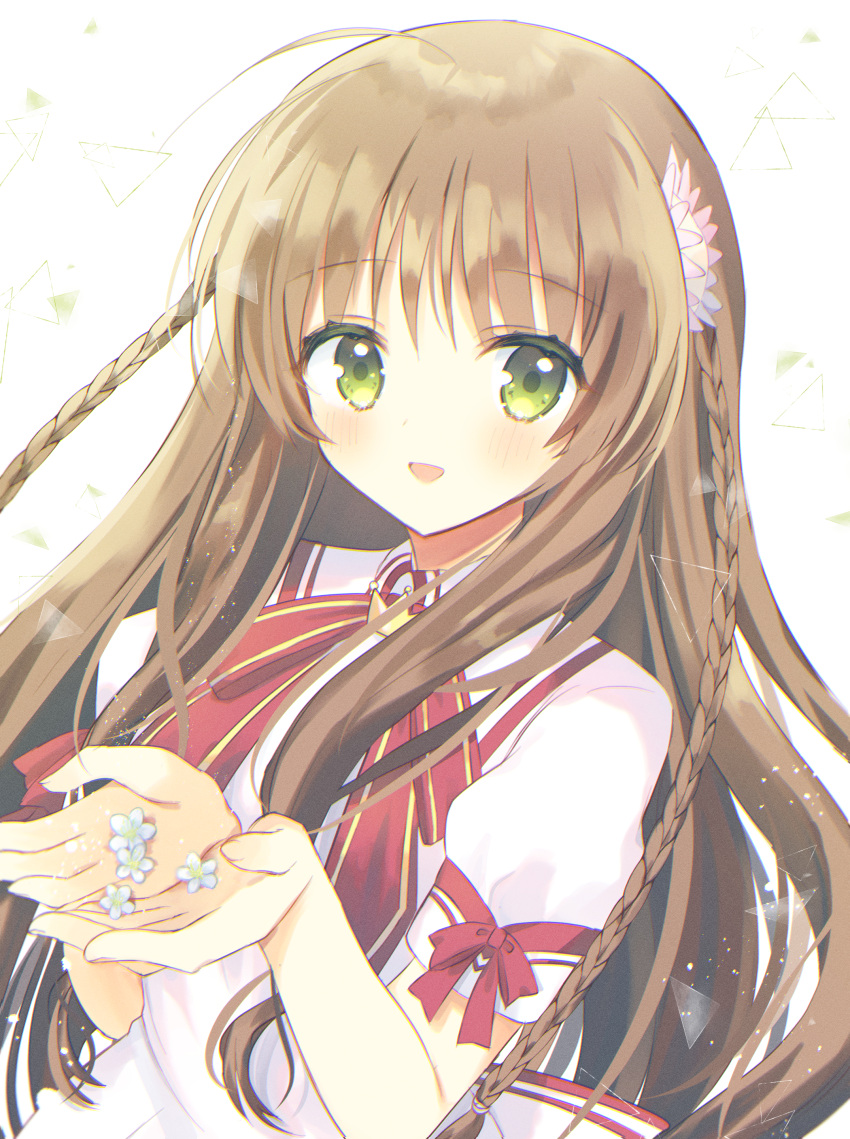 1girl :d absurdres ahoge aiyan blush braid brown_hair colored_eyelashes commentary_request dress eyelashes eyes_visible_through_hair fingernails floating_hair flower green_eyes hair_between_eyes hair_ornament highres holding holding_flower kanbe_kotori light_particles long_hair looking_at_viewer open_hands open_mouth own_hands_together pink_dress puffy_short_sleeves puffy_sleeves red_ribbon rewrite ribbon school_uniform short_sleeves sidelocks simple_background smile snowflake_hair_ornament solo twin_braids upper_body very_long_hair wavy_hair white_background white_flower