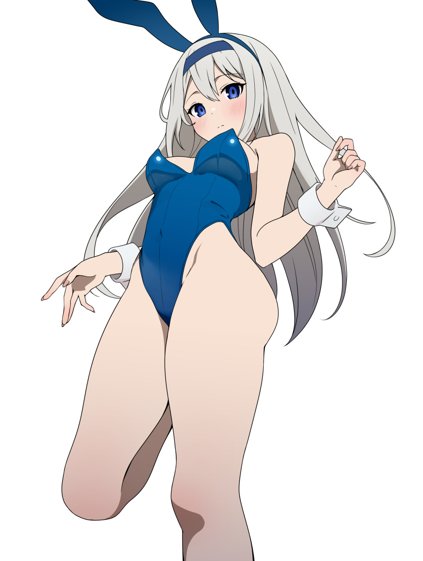 1girl absurdres animal_ears bare_arms bare_legs bare_shoulders blue_eyes blue_hairband blue_leotard closed_mouth coro_fae fake_animal_ears from_below hairband highleg highleg_leotard highres kaguya-sama_wa_kokurasetai_~tensai-tachi_no_renai_zunousen~ leotard long_hair looking_at_viewer looking_down playboy_bunny rabbit_ears shirogane_kei simple_background solo standing standing_on_one_leg strapless strapless_leotard thighs white_background white_hair white_wrist_cuffs wrist_cuffs