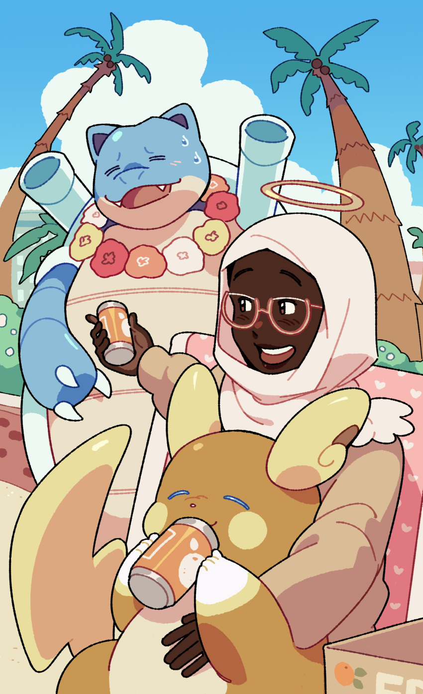 1girl absurdres alolan_raichu blastoise blush brown_shirt can closed_eyes cloud commentary commission dark-skinned_female dark_skin day drinking english_commentary flower flower_necklace glasses halo highres hijab holding holding_can lei long_sleeves magicact on_lap open_mouth original outdoors palm_tree pokemon pokemon_(creature) pokemon_on_lap shirt sitting sitting_on_lap sitting_on_person smile sweat tree very_dark_skin