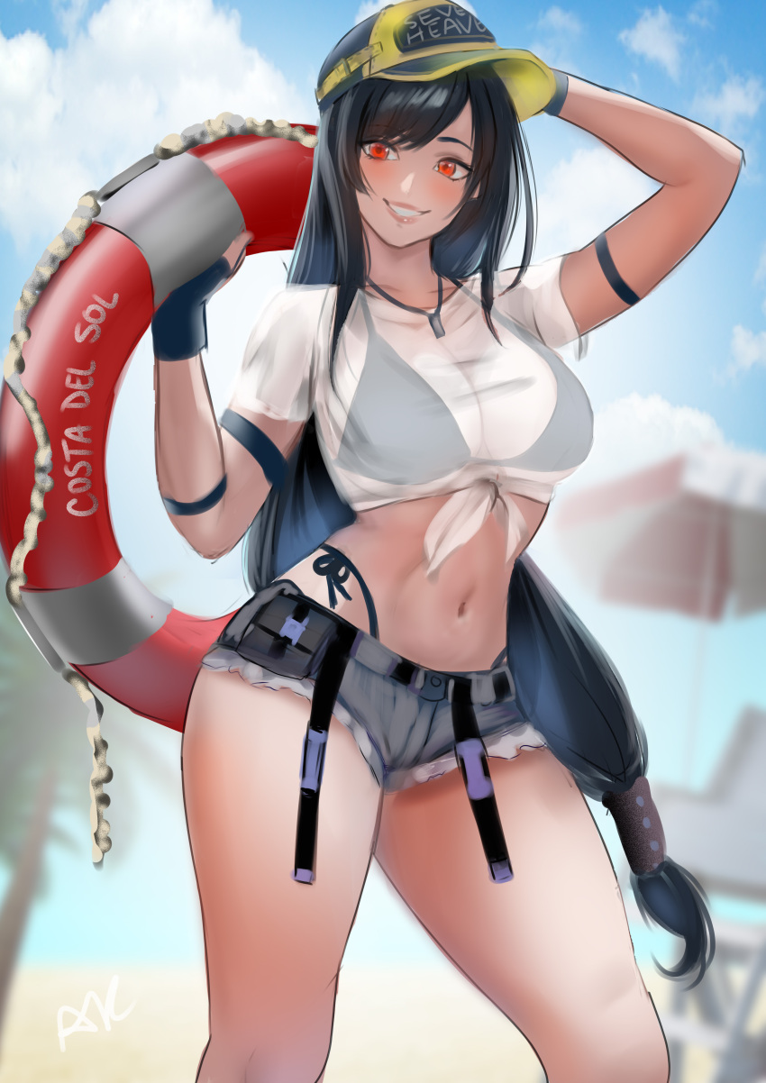 1girl absurdres arialla_draws arm_strap baseball_cap black_gloves black_hair blue_sky breasts cloud day denim denim_shorts final_fantasy final_fantasy_vii final_fantasy_vii_ever_crisis fingerless_gloves gloves grin hat highres holding holding_innertube innertube jewelry large_breasts long_hair looking_at_viewer low-tied_long_hair navel official_alternate_costume outdoors pendant red_eyes short_shorts shorts sky smile solo stomach swept_bangs thighs tifa_lockhart very_long_hair