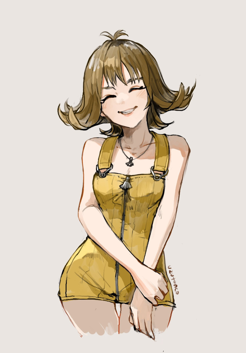 1girl artist_name bare_arms bare_shoulders breasts brown_hair closed_eyes collarbone commentary_request cropped_legs final_fantasy final_fantasy_viii hand_on_own_arm highres jewelry light_blush medium_hair necklace parted_lips selphie_tilmitt simple_background small_breasts smile solo uzutanco yellow_overalls zipper