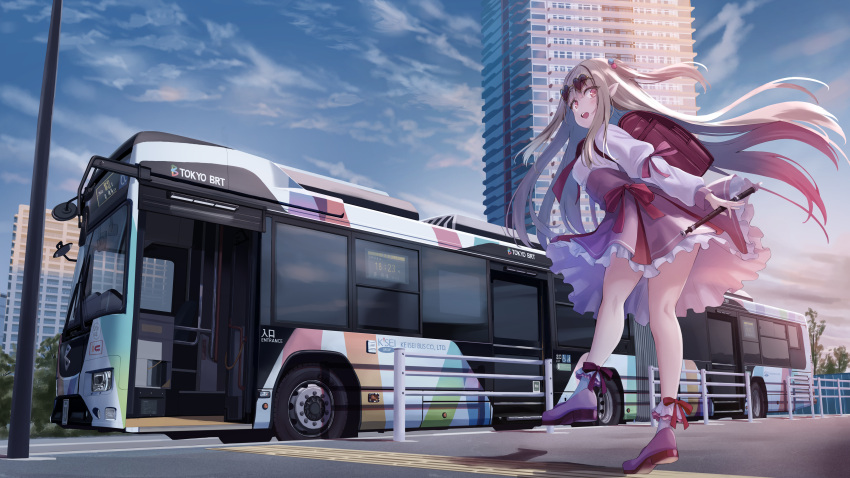 1girl absurdres backpack bag blue_sky bus car cloud cloudy_sky commission day dress elf eyewear_on_head fence heart heart-shaped_eyewear highres indie_virtual_youtuber misuzu_kami motor_vehicle outdoors png_pant_(bus) pointy_ears red_bag red_ribbon ribbon skeb_commission sky solo sunglasses tree virtual_youtuber walking