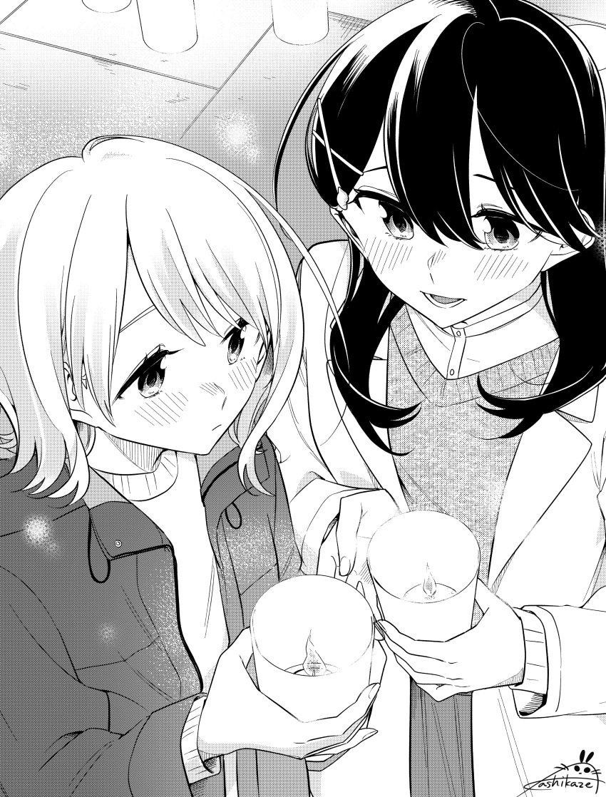 2girls absurdres blush candle closed_mouth coat commentary_request dress_shirt greyscale hair_between_eyes hair_ornament hairclip highres holding holding_candle honda_sora jacket kashikaze lonely_girl_ni_sakaraenai long_hair long_sleeves lower_teeth_only medium_hair monochrome multiple_girls open_clothes open_coat open_jacket open_mouth sakurai_ayaka_(lonely_girl_ni_sakaraenai) screentones shirt signature sweater teeth