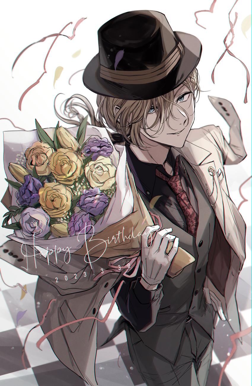 1boy absurdres black_headwear black_ribbon black_shirt blonde_hair blue_eyes bouquet braid bungou_stray_dogs checkered_floor collared_shirt confetti cowboy_shot dated fedora flower french_braid gloves grey_pants grey_vest hair_over_one_eye hair_ribbon hand_on_own_hip happy_birthday hat haveanicedream highres holding holding_bouquet jacket jacket_on_shoulders lapel_pin long_hair looking_at_viewer low_ponytail male_focus necktie pants parted_lips paul_verlaine_(bungou_stray_dogs) print_necktie purple_flower purple_rose red_necktie ribbon rose shirt smile solo streamers vest white_gloves white_jacket yellow_flower yellow_rose