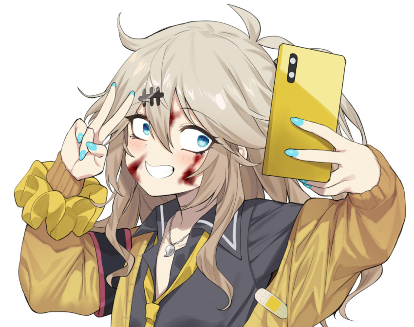 antenna_hair aqua_nails black_shirt blood blood_on_face blue_eyes blush brown_hair cardigan collared_shirt commentary_request crazy crazy_eyes grin hair_ornament hairclip jewelry kasukabe_tsumugi long_hair long_sleeves looking_at_viewer magatama magatama_necklace mole mole_under_eye necklace necktie off_shoulder one_side_up open_cardigan open_clothes popped_collar scrunchie selfie shirt smile taking_picture upper_body v voicevox wavy_hair wide-eyed wrist_scrunchie yappen yellow_cardigan yellow_necktie