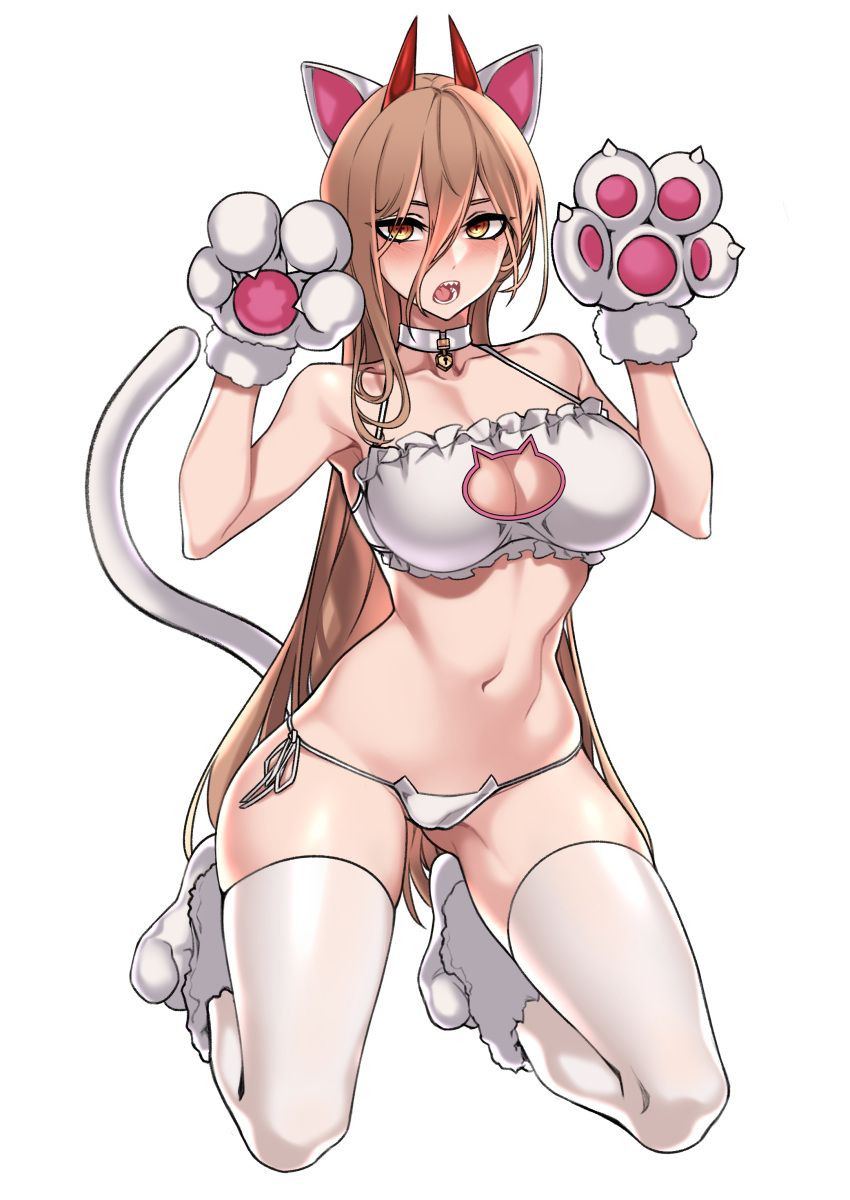 1girl absurdres animal_ears animal_hands bra breasts brown_hair cat_cutout cat_ear_panties cat_ears cat_lingerie cat_tail chainsaw_man cleavage cleavage_cutout clothing_cutout coat commentary_request cross-shaped_pupils demon_horns dogs_(dlrkdejr26) frilled_bra frills full_body gloves hair_between_eyes halterneck highres horns kneeling korean_commentary large_breasts lock long_hair looking_at_viewer meme_attire mixed-language_commentary navel orange_eyes padlock padlocked_collar panties paw_gloves paw_pose paw_shoes power_(chainsaw_man) red_horns sharp_teeth side-tie_panties simple_background solo string_panties symbol-shaped_pupils tail teeth thighhighs underwear underwear_only very_long_hair white_background white_bra white_coat white_footwear white_gloves white_panties white_thighhighs