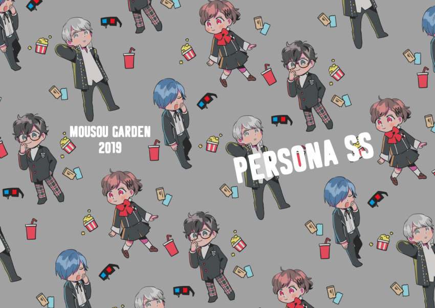 1girl 3boys 3d_glasses amamiya_ren arms_at_sides black_footwear black_jacket black_pants black_ribbon black_shirt blue_hair bow brown_footwear brown_hair closed_mouth cover cover_page doujin_cover drink food grey_background grey_hair hair_over_one_eye jacket looking_to_the_side multiple_boys narukami_yuu oneroom-disco open_clothes open_jacket open_mouth pants persona persona_3 persona_3_portable persona_4 persona_5 plaid plaid_pants ponytail popcorn red_bow red_eyes ribbon school_uniform shiomi_kotone shirt simple_background smile ticket white_shirt yawning yuuki_makoto