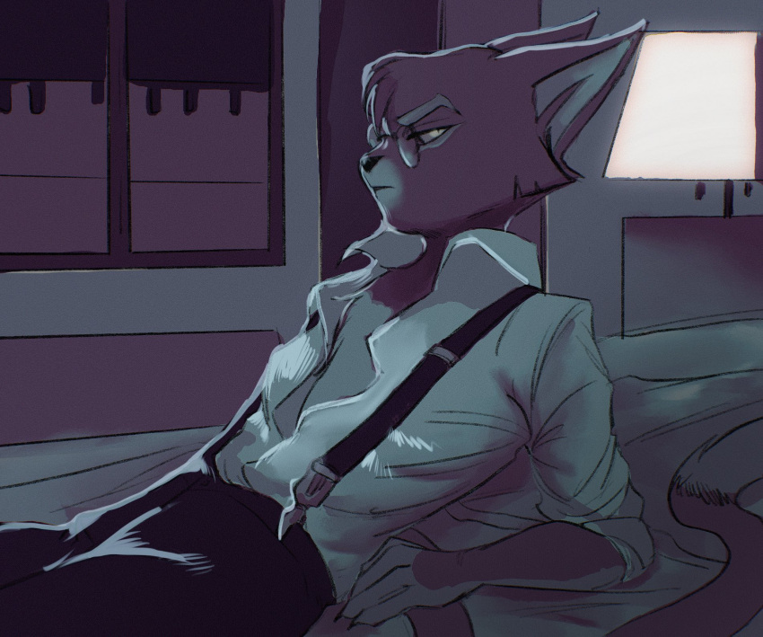 666calistaxx_(artist) anthro bed clothed clothing dress_shirt eyewear felid feline furniture glasses hi_res lackadaisy lamp looking_at_viewer male mammal mordecai_heller open_clothing open_shirt open_topwear shirt solo suggestive suggestive_look suspenders teasing topwear undressing webcomic