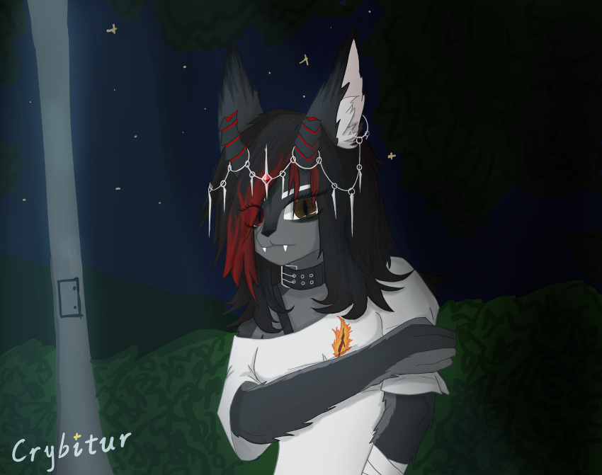 absurd_res anthro black_hair broken_horn brown_eyes canid canine canis clothing collar crown crybitur felid female fur grey_body grey_fur hair headgear hi_res horn hybrid looking_at_viewer mammal night plant red_hair red_horn simple_background solo star suwyzid teeth white_body white_fur wolf