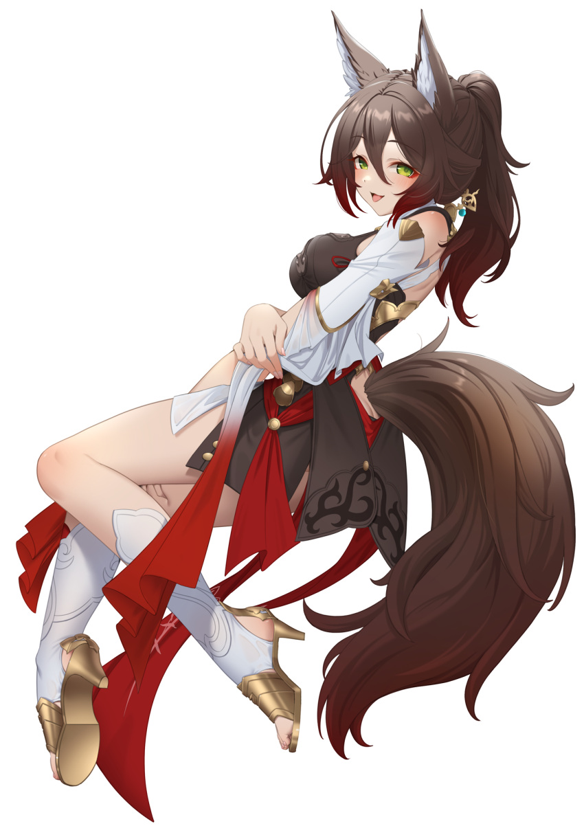 1girl animal_ears bare_shoulders black_dress breasts brown_hair butt_crack commentary_request detached_sleeves dress fox_ears fox_tail green_eyes high_heels highres honkai:_star_rail honkai_(series) large_breasts large_tail long_hair meda ponytail simple_background solo tail tail_through_clothes thighs tingyun_(honkai:_star_rail) white_background