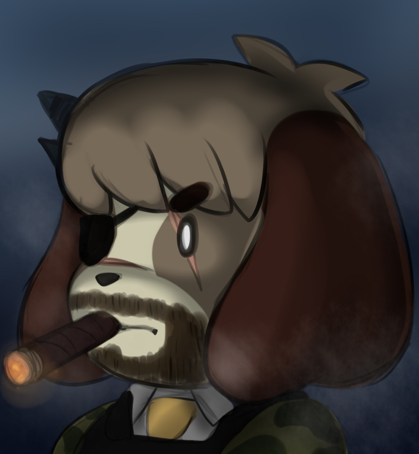 animal_crossing anthro beard brown_body brown_fur camo canid canine canis cigar digby_(animal_crossing) domestic_dog eye_patch eye_scar eyewear facial_hair facial_scar fur hi_res konami male mammal metal_gear mr-shin necktie nintendo phantom_pain scar shih_tzu smoking solo toy_dog venom_snake