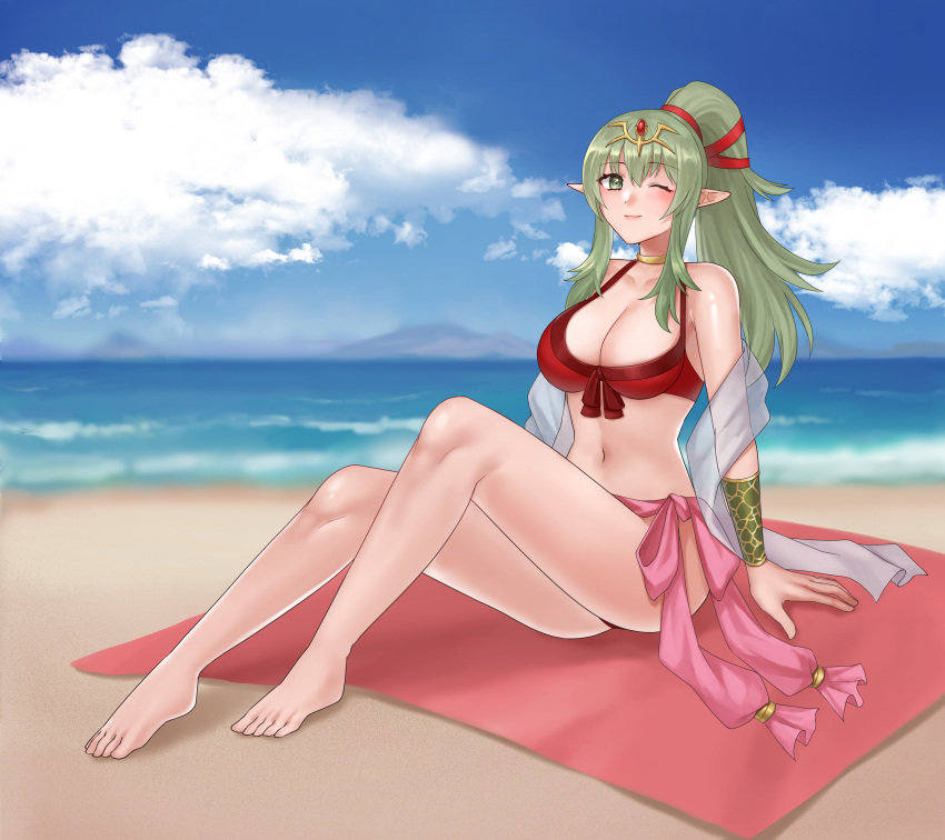 1girl ;) absurdres barefoot beach bikini breasts cleavage collarbone commentary_request commission fire_emblem fire_emblem_awakening fire_emblem_heroes full_body green_eyes green_hair hair_ornament hazuki_(nyorosuke) highres knees_up large_breasts legs long_hair looking_at_viewer navel official_alternate_costume one_eye_closed outdoors pointy_ears ponytail red_bikini ribbon sitting skeb_commission smile solo swimsuit tiara tiki_(adult)_(fire_emblem) tiki_(adult)_(summer)_(fire_emblem) tiki_(fire_emblem) toes towel