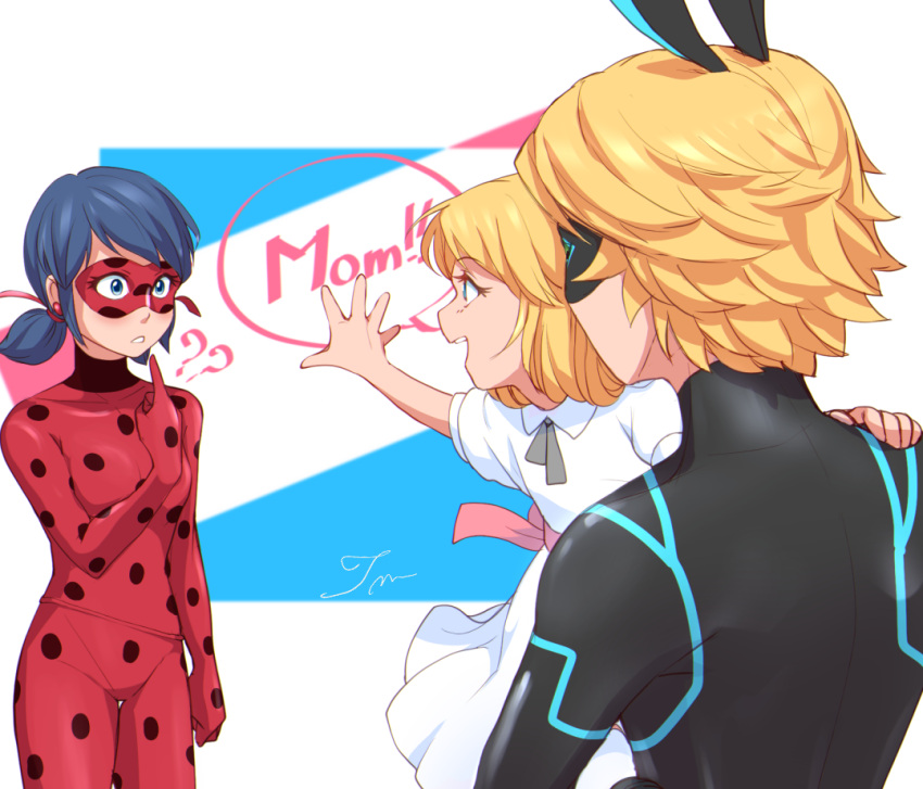 1boy 2girls adrien_agreste animal_ears black_bodysuit black_mask blonde_hair blue_eyes blue_hair bodysuit chat_noir child domino_mask dress ladybug_(character) long_hair marinette_dupain-cheng mask miraculous_ladybug multiple_girls pointing pointing_at_self polka_dot superhero tomm0515 twintails white_dress