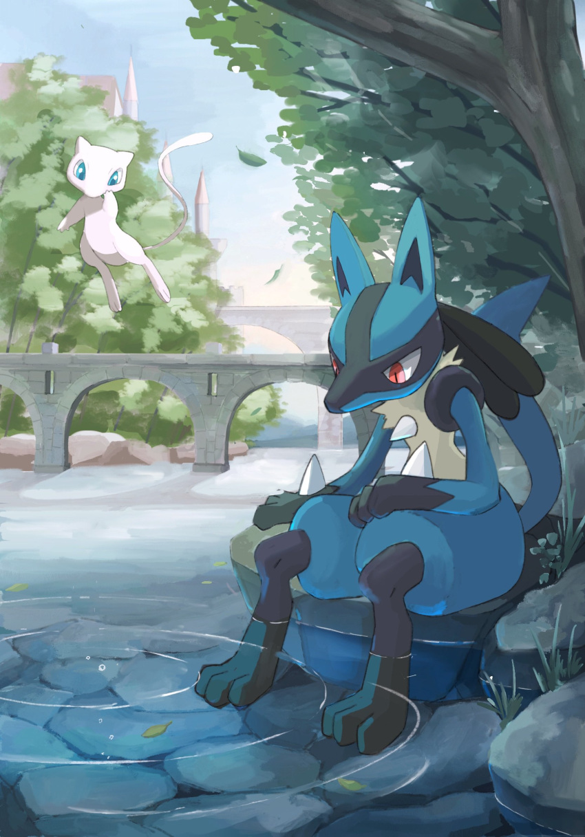 blue_sky bridge day flying highres leaf lucario mew_(pokemon) momota_pix no_humans outdoors pokemon pokemon_(creature) sitting sky tree water