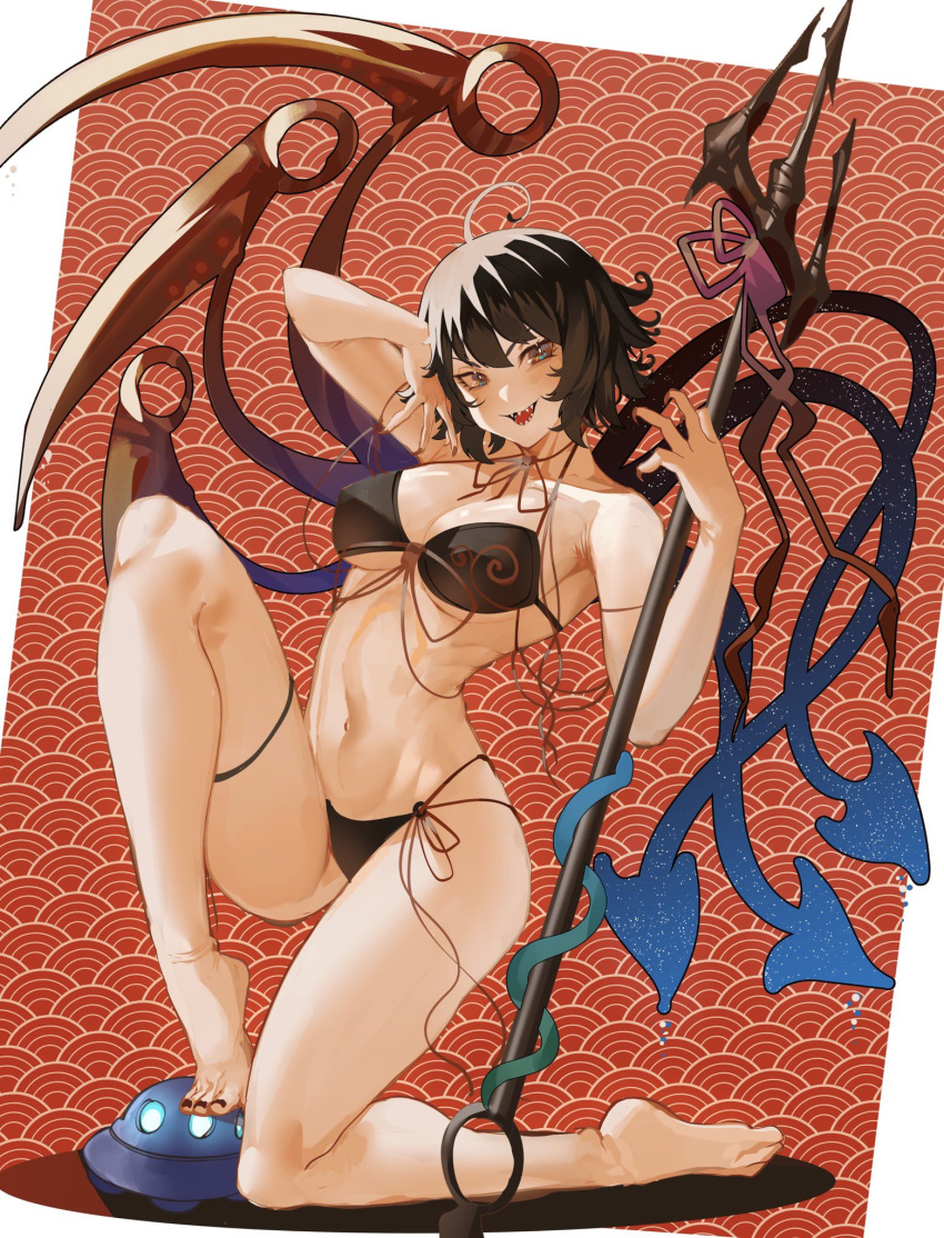 1girl :d arm_strap arm_up asymmetrical_wings bad_anatomy bare_shoulders barefoot bikini black_bikini black_hair black_nails blue_wings breasts cleavage collarbone commentary english_commentary feet fingernails hair_between_eyes halterneck hand_up highleg highleg_bikini highres houjuu_nue legs long_fingernails looking_at_viewer medium_breasts multi-strapped_bikini multiple_straps nail_polish navel open_mouth polearm red_eyes red_nails red_wings seigaiha sharp_fingernails sharp_teeth short_hair smile snake solo stomach string_bikini swimsuit teeth thigh_strap toenail_polish toenails toes tomatolover16 touhou very_long_fingernails weapon wings
