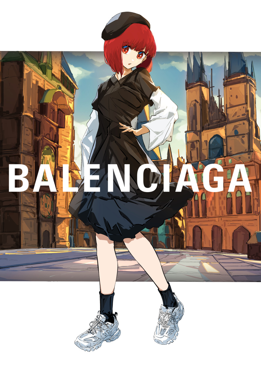 1girl absurdres arima_kana beret black_dress black_headwear black_socks bob_cut building cloud collared_dress commentary dress frilled_dress frills full_body hand_on_own_hip hat highres hwite_bow inverted_bob long_sleeves looking_at_viewer medium_hair open_mouth oshi_no_ko outdoors red_eyes red_hair shirt shoes sky sneakers socks solo standing t.k.c white_shirt