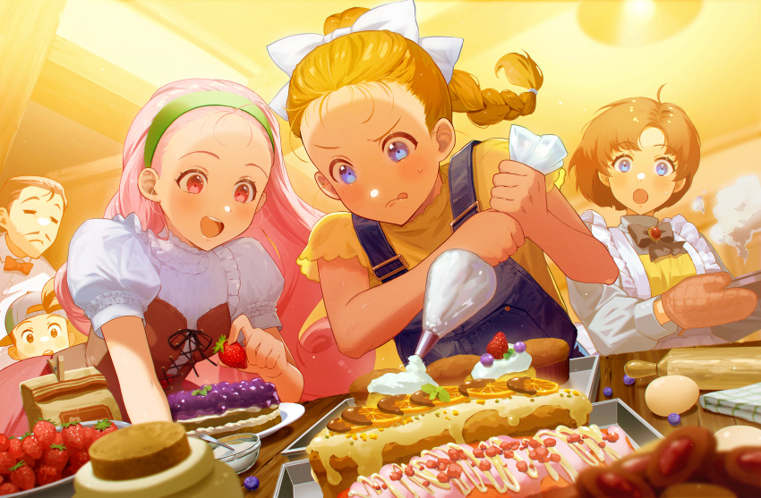 2boys 3girls apron backwards_hat bag baking baseball_cap berry black_bow black_bowtie blonde_hair blue_eyes blue_headwear blue_overalls blush bokujou_monogatari bow bowtie braid braided_ponytail brooch brown_hair bustier cake ceiling ceiling_light chocolate clothes_pin dutch_angle egg elli_(bokujou_monogatari) excited facial_hair food fruit gem grey_shirt hair_bow hair_pulled_back hairband hands_up hat highres holding holding_food holding_fruit holding_tray icing indoors jewelry long_hair long_sleeves looking_at_another looking_down maid_apron multiple_boys multiple_girls mustache nervous nshi orange_(fruit) orange_slice oven_mitts overalls paper_bag parted_bangs pastry_bag pete_(bokujou_monogatari) pink_hair popuri_(bokujou_monogatari) puffy_short_sleeves puffy_sleeves ran_(bokujou_monogatari) red_bow red_bowtie red_eyes red_gemstone red_skirt rolling_pin shirt short_hair short_sleeves single_braid skirt strawberry surprised sweat table traditional_bowtie tray upper_body white_bow white_shirt wooden_table yellow_shirt
