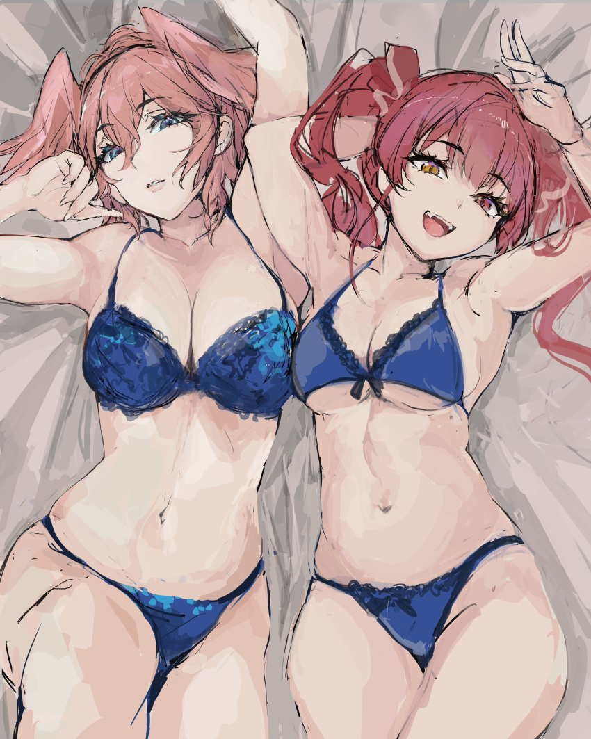 2girls absurdres alternate_costume armpits arms_up bed_sheet blue_bra blue_eyes blue_panties blush bra breasts cleavage commentary cowboy_shot expressionless eyelashes from_above hair_between_eyes head_wings heterochromia highres hololive houshou_marine lace-trimmed_bra lace_trim long_hair looking_at_viewer lying medium_breasts multiple_girls navel on_back open_mouth orange_eyes panties parted_lips pink_hair red_eyes red_hair short_hair sketch smile stomach takane_lui teeth torn_flipper twintails underwear underwear_only upper_teeth_only virtual_youtuber wings